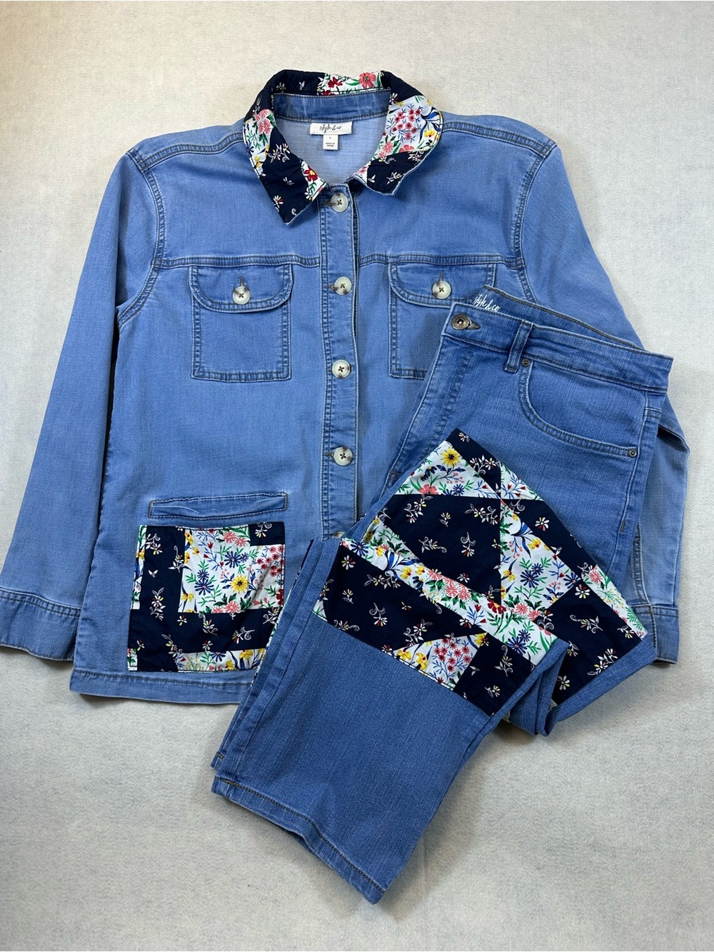 Style & Co Floral Patchwork Denim Jacket & Jeans Set Large